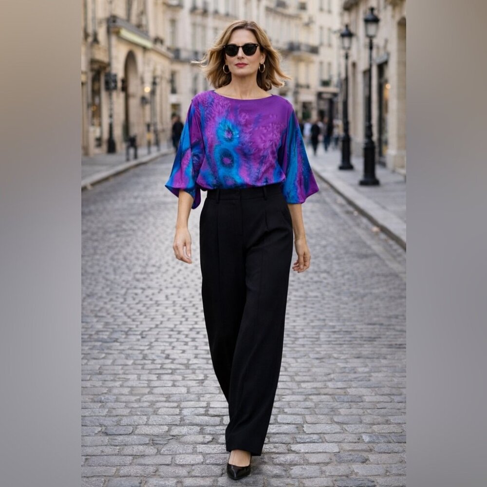 Vintage 80s Silk Blouse Purple Blue Abstract Print Size M Art To Wear Casual